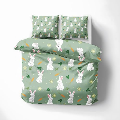 Generisch Bettwäsche Süßer Hase 135x200, Karotte Süß Kaninchen Bettbezug 135 x 200 2tlg, Wendebettwäsche & Deko, mit Reißverschluss, 1 Kissenbezug 80x80, Weiche Microfaser - ASF363