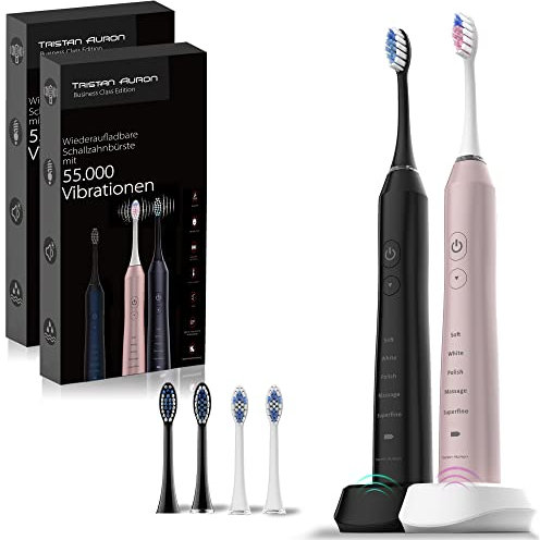 Tristan Auron Schallzahnbürste mit 55.000 Schwingungen Doppelpack (Schwarz/Pink) -IPX7-5 Putzmodi 60 Tage Akku elektrische Zahnbürste (Business Class)
