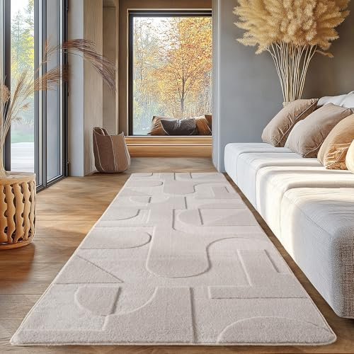 SIMPEX Boho Teppich Läufer 80 x 150 cm Creme, Waschbar & Pflegeleicht, Weicher Skandinavischer Deko Teppich mit 3D-Effekt, Ideal für Flur, Küche oder Schlafzimmer