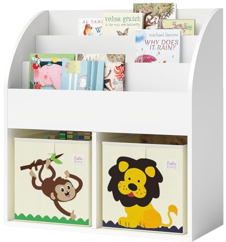 Bellabino Koro Bücherregal, Weiß, 3 Fächer, inkl. 2 Faltboxen AFFE/Löwe | Montessori Kinderregal 79x34x72 cm, 2 Ablagefächer, Spielzeugregal, Spielregal aus Holz, Aufbewahrung, fürs Kinderzimmer