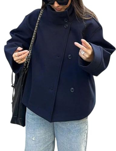 CHARTOU Women Crop Pea Coat Wool Blend Winter Loose Casual Short Jacket Outwear (Small, Navy)