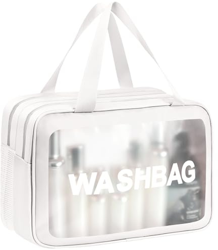 Aucuu Trousse de Toilette Transparente, Grande Trousse De Toilette Voyage, Double Compartiment Séparation Sèche Et Humide, Impermeable Portable Trousses de Maquillage de Voyage Transparente en PU