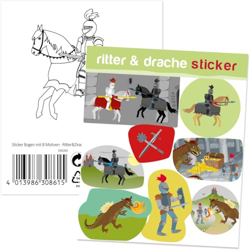 8 Sticker * RITTER und DRACHE * zum Kindergeburtstag und Mottoparty | Leicht ablösbare Sticker | Mädchen Jungen Kinder Party Knight Geburtstag