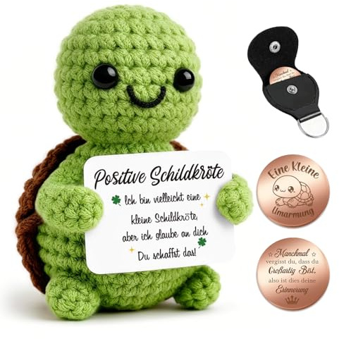 Giftota Pocket Hug Schildkröte - Handgehäkelte Schildkröte mit Glücksmünze & Lederetui - Glücksbringer & Mutmacher - Geschenkidee zum Geburtstag - Gute Besserung - Geschenk für Männer, Frauen