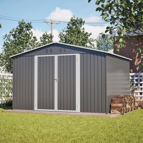 Hommdiy Robuster Geräteschuppen Metall Gartenhaus mit Satteldach (300x252x191 cm) Sicheres Lager für Gartengeräte & Werkzeug Grau