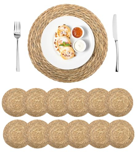 12er Set Runde Platzsets 30 cm, Boho Tischsets Naturgeflecht, Hitzebeständig & rutschfest, Handgewebte Tischmatten im Rustikalen Stil für Esstisch & Dekoration