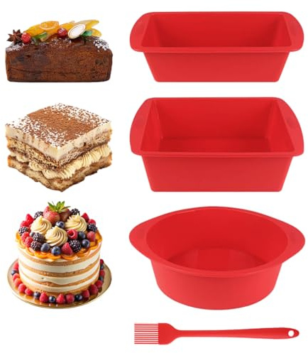Petits Moules à Pain Rectangulaire, Set de Moule à Gâteau en Silicone Antiadhésif, Libération Facile, 3 Pièces Moule Rectangulaire en Silicone, Moules a Cake Air Fryer pour Gâteaux(Brownies/Ronde)
