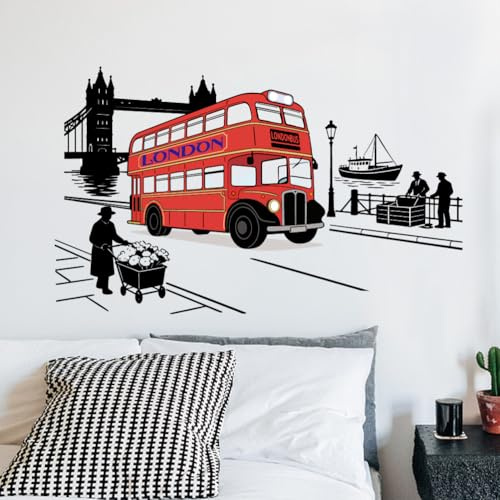 SUPERDANT Colorful London Wall Stickers PVC Peel Stick Mural Featuring London Bus Big Ben Thames Removable Cityscape Sticker for Home Office Decoration 89.6x54.3cm