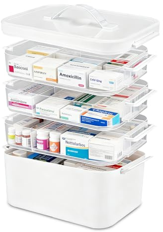 Contenitore per medicinali, Scatola Organizer per Medicinali 4 Livelli, scatola per farmacia domestica con maniglia per il trasporto, organizer per medicinali multifunzionale per casa, 28*19*27cm