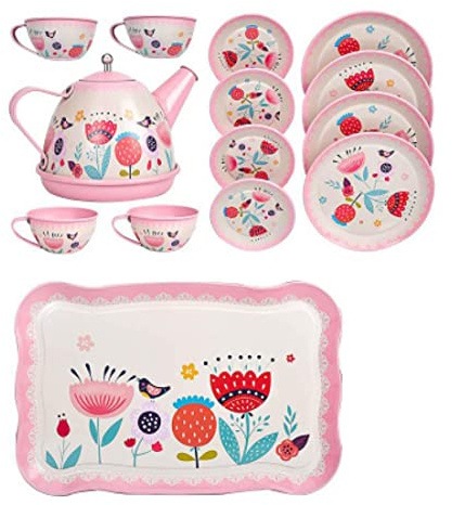 Joygoodta Kids' Tea Party Set, 15-Piece Toy Playset with Teapot, Pretend Play Kitchen Party Toys, Playset for Children Aged 3+ (Light Red)