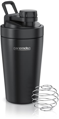 Arendo - Eiweiß Shaker Edelstahl 500ml, Protein Shaker mit Mixkugel, BPA frei, Mixbecher, Metall Premium Eiweißshaker, Tragegriff, Spülmaschinengeeignet, To Go für Yoga Fitness Sport, Schwarz