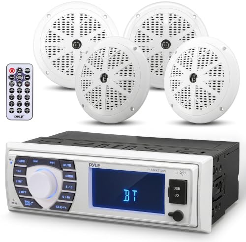 Pyle Kit Receptor de Radio Marino con Altavoces 12V, Estilo Single, DIN Compatible con Bluetooth, Impermeable, Digital, Microfono, Mando a Distancia, Arnes de Cableado