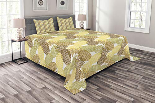 ABAKUHAUS Ananas Tagesdecke Set, Geschwungene Exotic Tropical, Set mit Kissenbezügen Waschbar, für Doppelbetten 220 x 220 cm, Gelb Beige