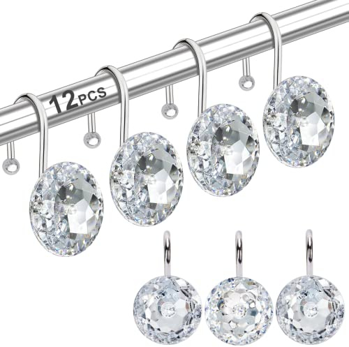 12PCS Shower Curtain Hooks Rings for Bathroom, Stainless Steel Rust Proof Decorative Rhinestones Shower Curtain Rings Hangers for Shower Curtains, Clothing, Towels, etc.(Clear)