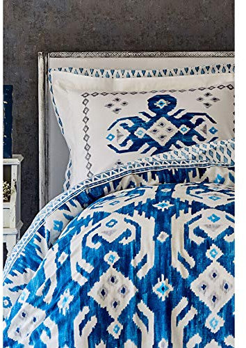 Karaca Home Neos Blaues Baumwoll-Doppelbettbezug-Set, Bettdecke, Bettlaken, Kissenbezüge, Bettbezug 200cm x 220 cm, Baumwolle, Polyester Fİbre, Made In Turkey Hergestellt In Der Türkei