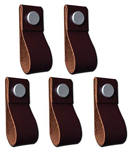 POFET 5pcs Handmade Leather Cabinet Door Handle Pulls Knob Dresser Drawer Door Handle Kitchen Pulls Knob - Dark Brown, 195x26mm - Brown
