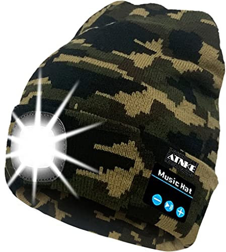 ATNKE LED Lighted Bluetooth Beanie Cap, USB Rechargeable Wireless Musical Running Hat Ultra Bright 4 LED Waterproof Light Lamp Use for Skiing Hiking Camping Cycling/Camouflage Army Green