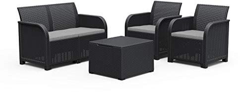 Keter Rosalie Lounge Outdoor-Set mit Kissen – Sessel 65 x 63 x 74 cm, Sofa 113 x 65 x 74 cm, Beistelltisch 60 x 55 x 39 cm