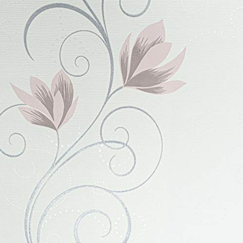 White Grey Blush Pink Floral Flower Textured Vinyl Swirl Wave Glitter Wallpaper
