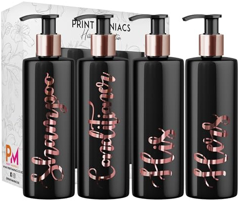 Print Maniacs Black Mrs Hinch Inspired Personalised 500ml Bottles Bathroom Lotion Kitchen Shampoo Conditioner Rose Gold Pump (Hand Wash Set) (Rose Gold)