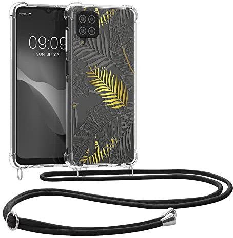 kwmobile Necklace Case kompatibel mit Samsung Galaxy A12 Hülle - Silikon Cover mit Handykette - Gold Grau Transparent Dschungel