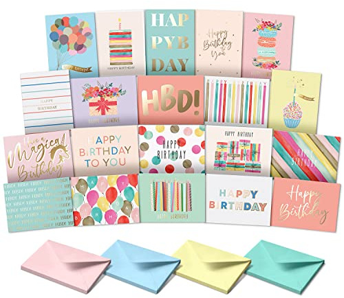 SWEETZER & ORANGE Happy Birthday Karten mit Umschlägen & Sortimentskasten Sortimentskarten Set mit 20 sortierten Geburtstagskarten mit Umschlägen, perfekte Großpackung für Feiern, besondere Anlässe