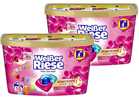 Weißer Riese Color Trio-Caps Aromatherapie Essentials 32 (2x 16) Waschladungen, Waschmittel mit Orchidee & Macadamiaöl, pflegendes Colorwaschmittel mit ätherischen Ölen, die zu 100% natürlich sind