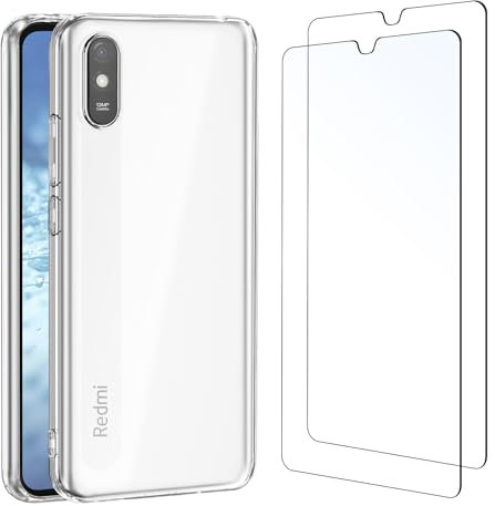 NEW'C Hülle für Xiaomi Redmi 9A -Ultra Transparent Silikon Weiches und 2 × Panzer Schutz Glas für Xiaomi Redmi 9A