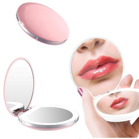 WYFCR Kosmetikspiegel mit Beleuchtung mit Vergrößerung, Make-up-Spiegel Klein Kosmetikspiegel Zweiseitiger Beleuchtet für Unterwegs, Handspiegel Klein, Kompaktspiegel (Rosa)