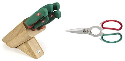 Sanelli 931605 Ceppo Coltelli Leck, Legno, Verde/Rosso, 5 unità & Premana Professional Forbice Cucina, Acciaio Inossidabile, Verde/Rosso, 21.0x1.0x7.5 cm
