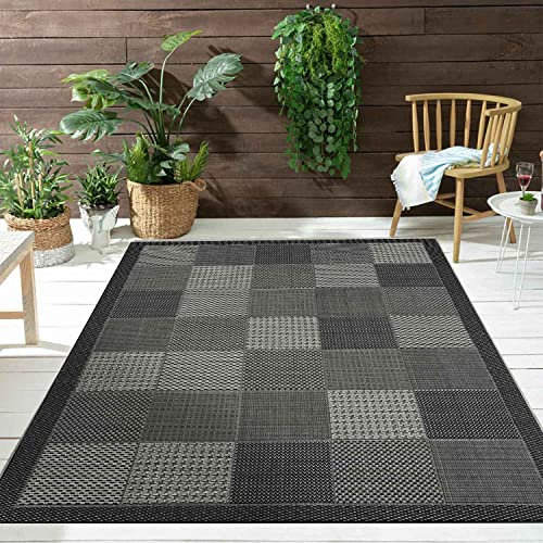 VIMODA Teppiche In- und Outdoor Flachgewebe Terrasse Balkon Kacheloptik Grau Anthrazit, Farbe:Anthrazit, Maße:140x200 cm