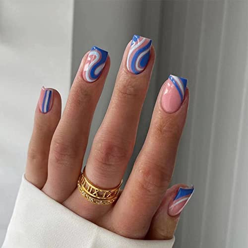 24PCS Short False Nails with Glue Stickers,Coffin Full Cover Acrylic Press on Nails no Glue,Blue White Wave French Fake Nails for Women and Girls Nail Art