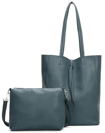 ITALYSHOP24 Damen Tasche Set 2in1 Shopper Handtasche Crossbody Hobo Bag Schultertasche Umhängetasche Metallic Cross-Over DIN-A4 Petrol