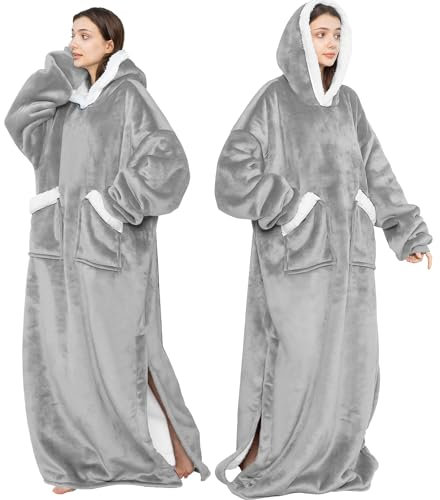 Emwwat Hoodie Decke Damen, Decke mit Ärmel Pullover Decke Hoodie, vielseitige Kapuzendecke mit riesigen Taschen, geeignet für Männer, Damen Erwachsene (Asche)