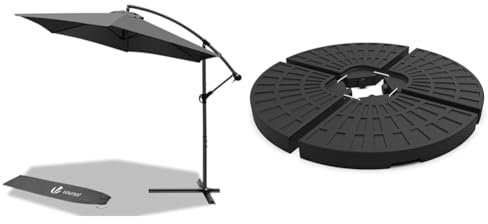 VOUNOT Sonnenschirmständer 4-teilig, Schwarz & Ampelschirm 300 cm, Sonnenschirm mit Kurbelvorrichtung, Kurbelschirm mit Schutzhülle, Sonnenschutz UV-Schutz, Gartenschirm Marktschirm, Grau