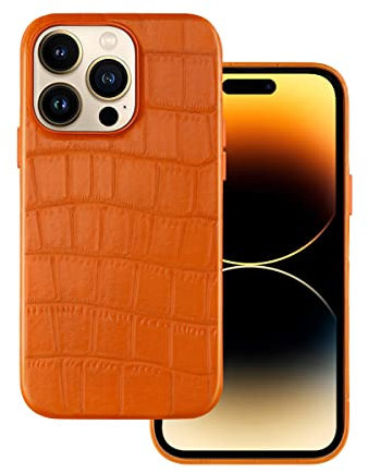 Docco Jette kompatibel mit iPhone 14 Pro Lederhülle, echtes Rindsleder hülle geprägtes Krokodilmuster für iPhone 14 Pro, integrierte Magnete für MagSafe-Kroko Orange