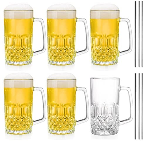 Frcctre 6 Pack 16 Oz 450 ML Glass Beer Mug, Large Beer Glasses Steins with Handle and Stainless Steel Straws, Crystal Lead-Free Drinking Glasses Water Cups for Beer, Juice, Beverage, Bar