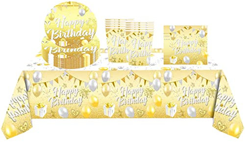 Gold Happy Birthday Party Decorations Tableware Set for Men,Women,Boys,Girls,31Pcs Disposable Birthday Dinnerware - Plastic Tablecloth,Paper Plates,Napkins,Cups for Him,Her Birthday Party Supplies