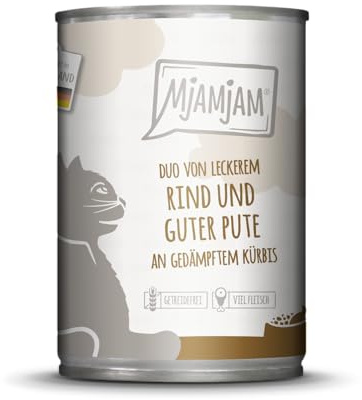MjAMjAM - Premium Nassfutter für Katzen - Duo von leckerem Rind und guter Pute an gedämpftem Kürbis, 1er Pack (1 x 400 g), getreidefrei mit extra viel Fleisch