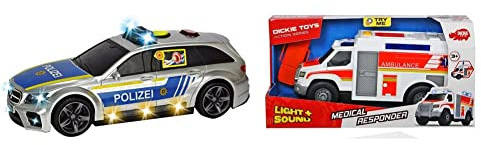 Dickie Toys - Mercedes-AMG E 43 – 30 cm großes Polizeiauto, motorisiert, ab 3 Jahre & - Medical Responder – 30 cm großer Rettungswagen mit Trage, Licht und Sound, Heckklappe zum Öffnen,ab 3 Jahre