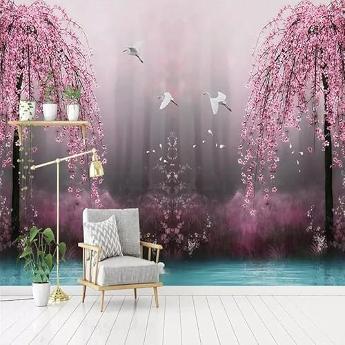 Custom Size Wall Murals,Pink Cherry Blossom Swan Lake,Removable Peel and Stick Self-Adhesive Wall Murals Large Photo Wallpaper