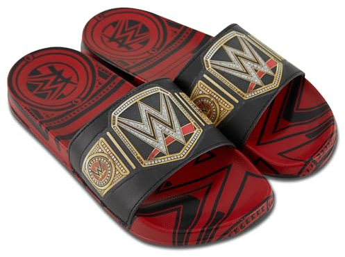 WWE Herren Championship Gürtel Slides – John Cena, Roman Reigns, Seth Rollins World Wrestling Champion Gürtel Slip On Slide Sandalen, Rot, schwarz, 43 EU