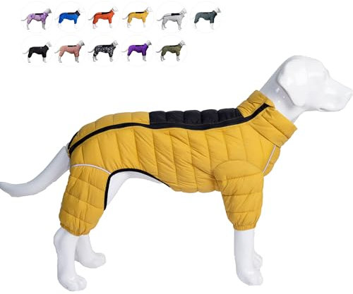 Lovelonglong Dog Coat Dog Warm Jacket, 4 Legs Covered Waterproof Windproof Reflective Warm Dog Vest, Zippered Adjustable Outdoor Dog Snow Jacket for Small Medium Large Dogs Yellow S