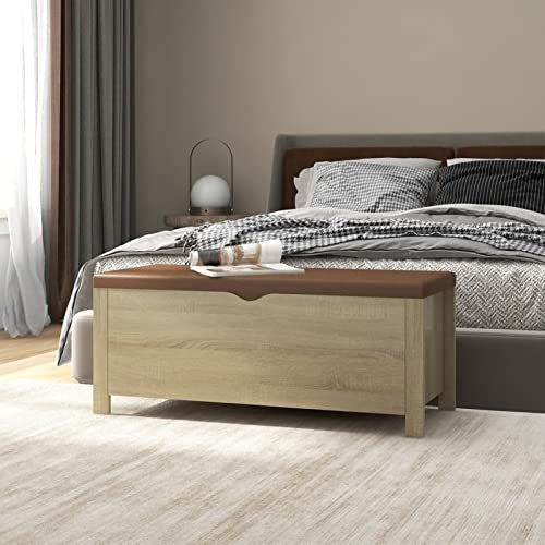 Homgoday Sitzbank mit Stauraum und Kissen Betttruhe Sitztruhe Truhenbank Aufbewahrungsbox Bettbank Flurbank für Flur Schlafzimmer Wohnzimmer Bett Sonoma-Eiche 105x40x45cm Holzwerkstoff