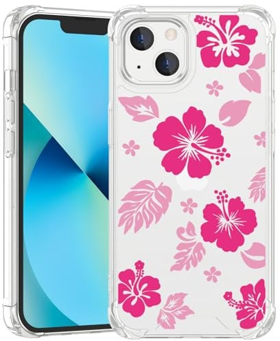 Axulimin for iPhone 13 Mini Case Clear Cute Kawaii Hot Pink Hibiscus Hawaiian Flower Floral Aesthetic Phone Case for Girls Preppy Women