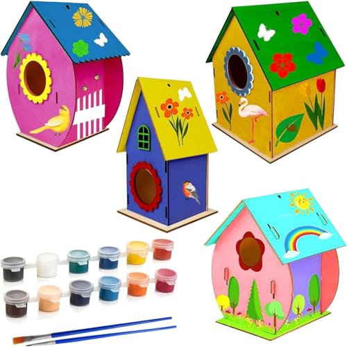 Sunshine smile Kit fai da te per uccelli per bambini, 4 casetta per uccelli da dipingere per bambini, kit di costruzione creativo per bambini, set di puzzle in legno