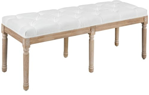 HOMCOM Banc Bout de lit Banquette capitonnée Style Vintage français Rembourrage épais revêtement Tissu Aspect Lin Pieds en Bois Massif crème