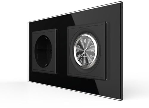 Luxus-Time Livolo Steckdose + Uhr Einbausteckdose Wandmontage Unterputz Einbau Schuko Buchse Analoge Einbauuhr römisches Ziffernblatt Design Stecker Wanduhr im Glasrahmen Schwarz VL-CL/C1EU-12
