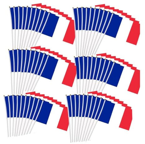60 Pièces Petit Drapeau Français avec Baton Drapeau Tricolore Bleu Blanc Rouge Tenus à manivelle Fanions pour Fête défilés matchs de football événement sportif Jardin Décoration de bar 21 x 14 cN