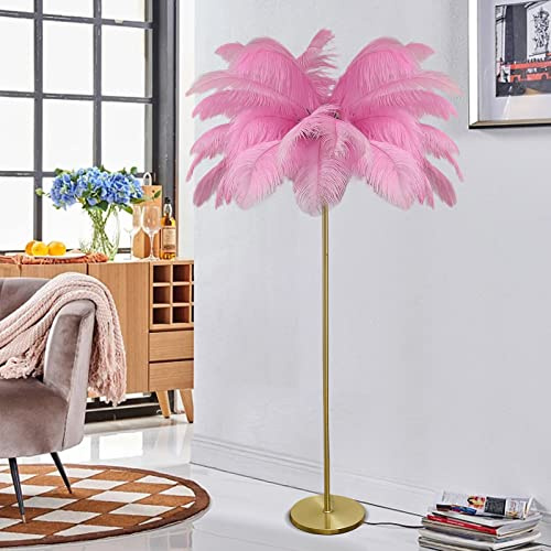 YQGOO Federlampe Stehlampe, Feder Stehlampe Wohnzimmer Palmen Lampe mit Federn,63IN Stehlampe Dimmbar Gold Straußenfeder Lampe Für Schlafzimmer mit Fußschalter (Pink)